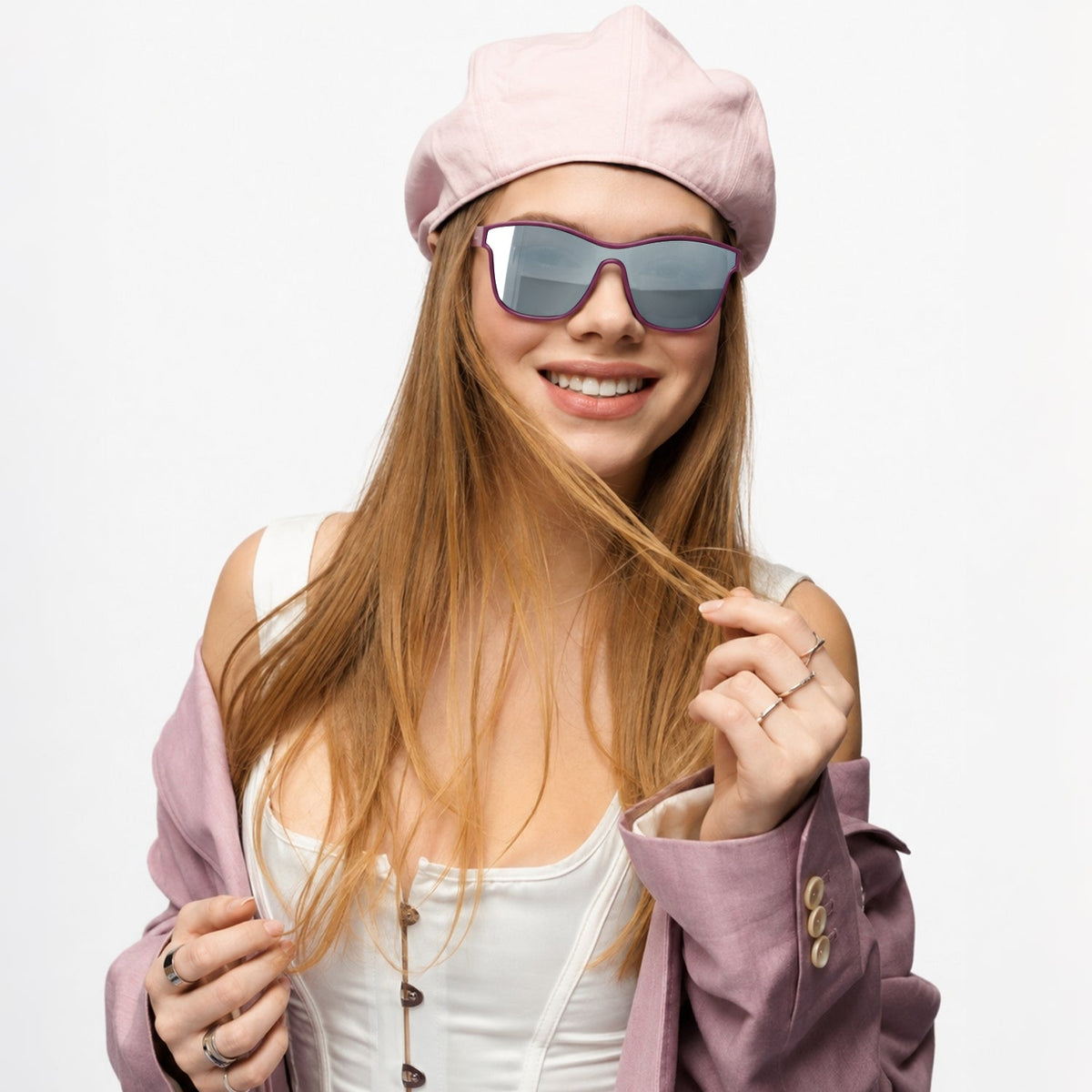 Radar performance wrap sunglasses in Silver / Purple, silver lens on purple frame, worn, front view