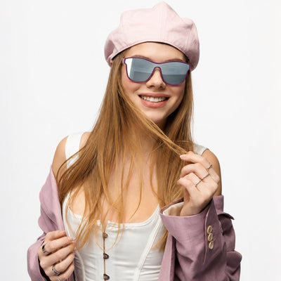 Radar performance wrap sunglasses in Silver / Purple, silver lens on purple frame, worn, front view