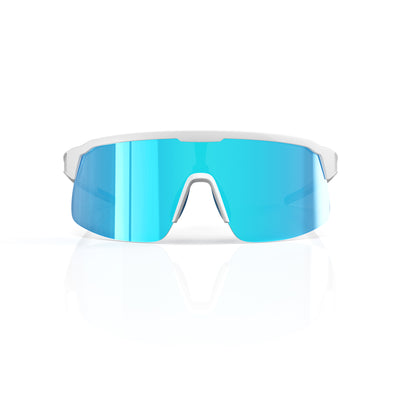 Rialto one-piece shield sunglasses in Blue / White, blue lens on white frame, front view