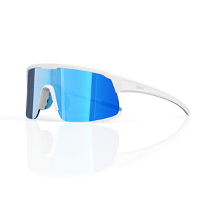 Rialto one-piece shield sunglasses in Blue / White, blue lens on white frame, three-quarter view