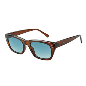 Riviera rectangle acetate sunglasses in Light Blue / Brown, light blue lens on brown frame, three-quarter view