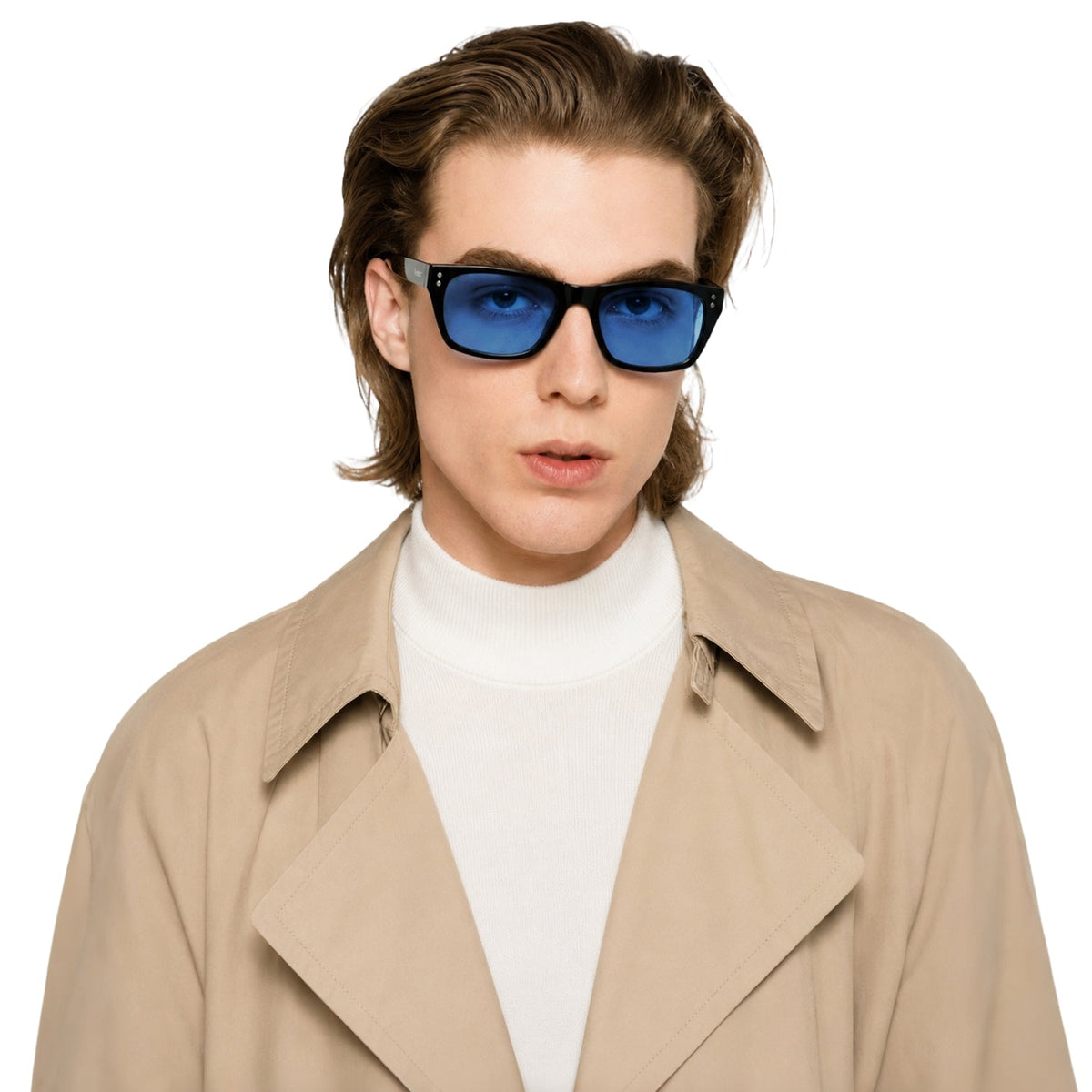 Riviera rectangle acetate sunglasses in Blue / Black, blue lens on black frame, front view