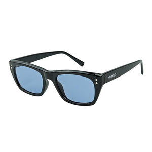 Riviera rectangle acetate sunglasses in Blue / Black, blue lens on black frame, three-quarter view