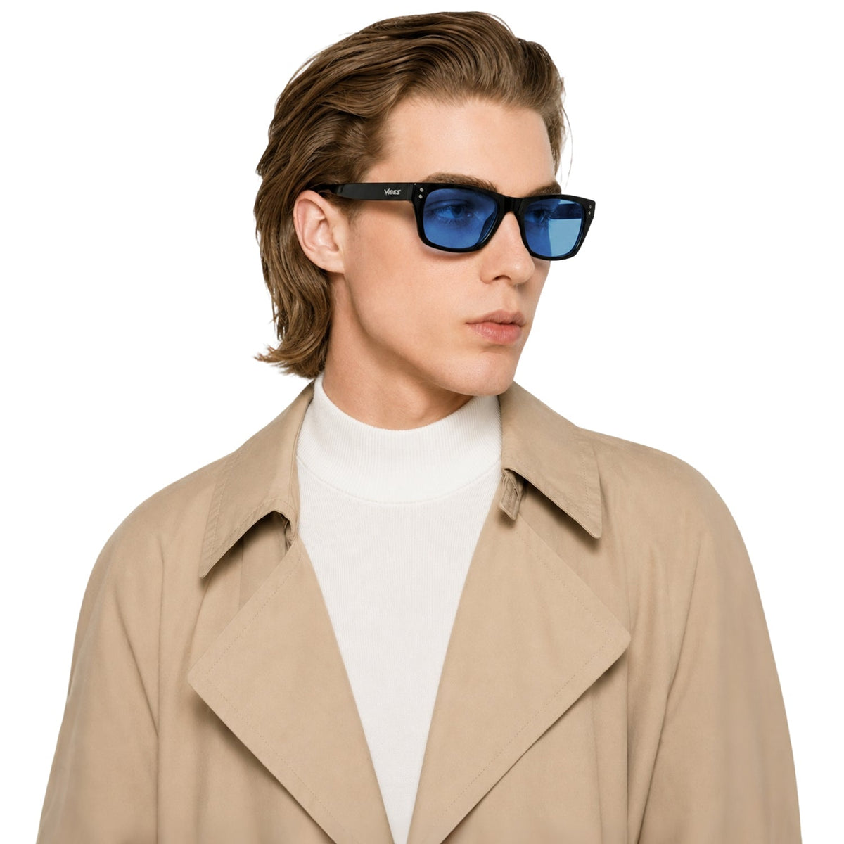 Riviera rectangle acetate sunglasses in Blue / Black, blue lens on black frame, side view