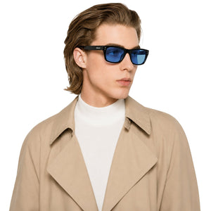Riviera rectangle acetate sunglasses in Blue / Black, blue lens on black frame, side view