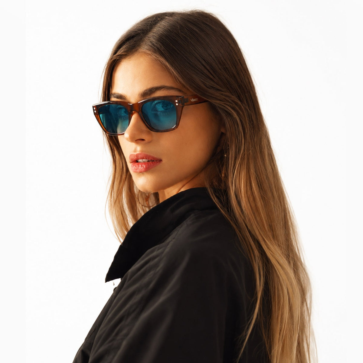 Riviera rectangle acetate sunglasses in Light Blue / Brown, light blue lens on brown frame, side view
