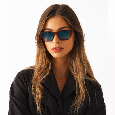 Riviera rectangle acetate sunglasses in Light Blue / Brown, light blue lens on brown frame, front view
