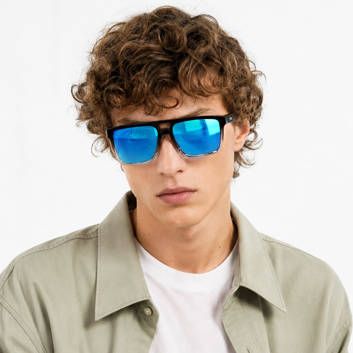 Sasha flat-top square sunglasses in Blue / Black/Clear, blue lens on black/clear frame, worn, front view