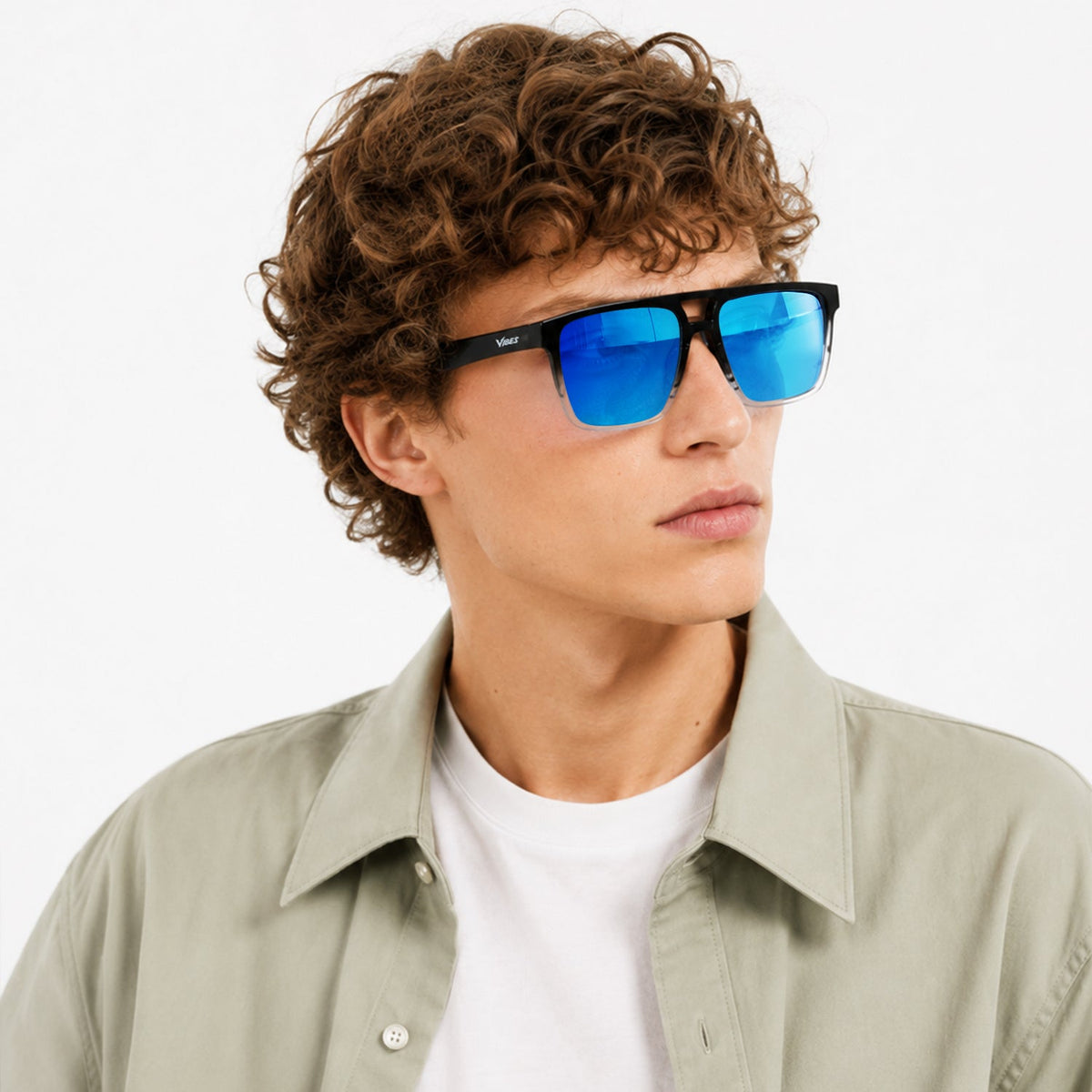 Sasha flat-top square sunglasses in Blue / Black/Clear, blue lens on black/clear frame, worn, side view