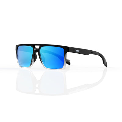 Sasha flat-top square sunglasses in Blue / Black/Clear, blue lens on black/clear frame, three-quarter view