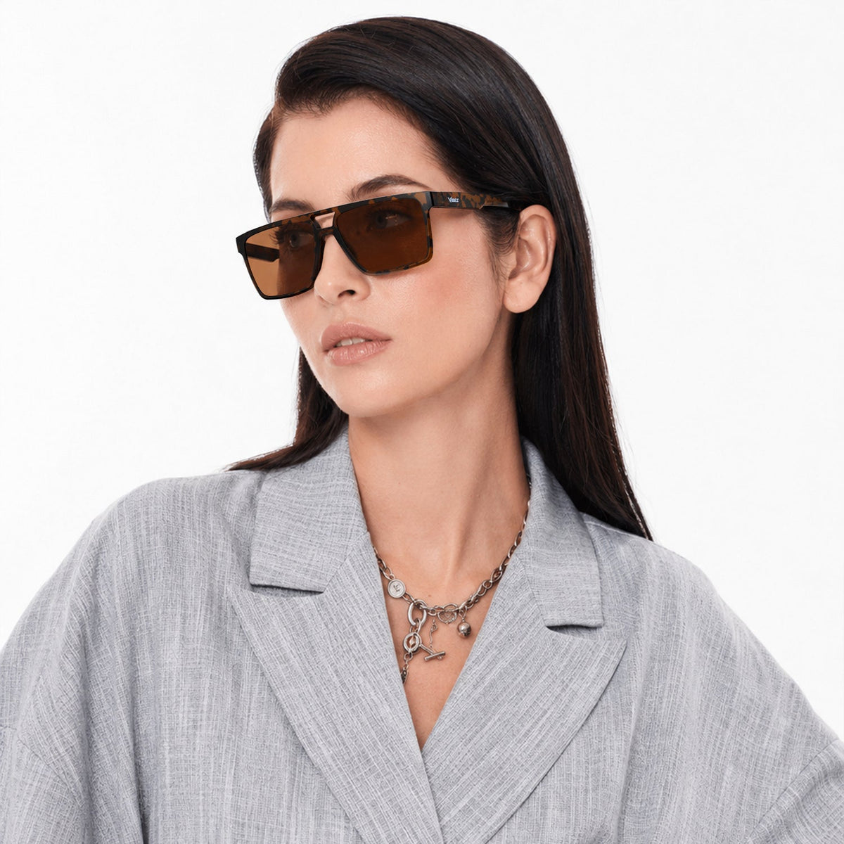 Sasha flat-top square sunglasses in Tea / Tortoise, tea lens on tortoise frame, worn, side view