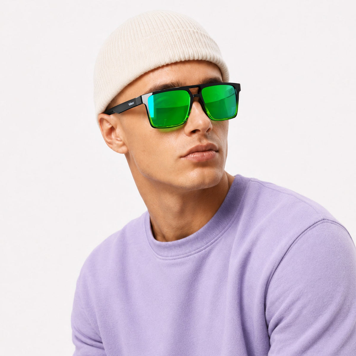 Sasha flat-top square sunglasses in Green / Black, green lens on black frame, worn, side view