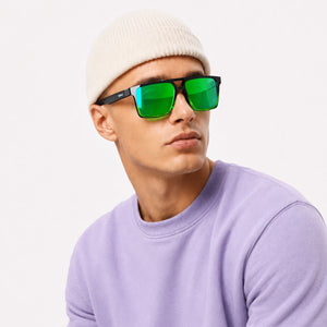 Sasha flat-top square sunglasses in Green / Black, green lens on black frame, worn, side view