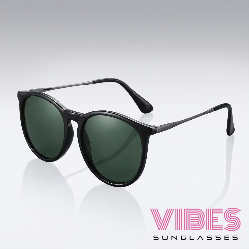 Stylish black-framed sunglasses with green lenses, perfect for trendy everyday wear.