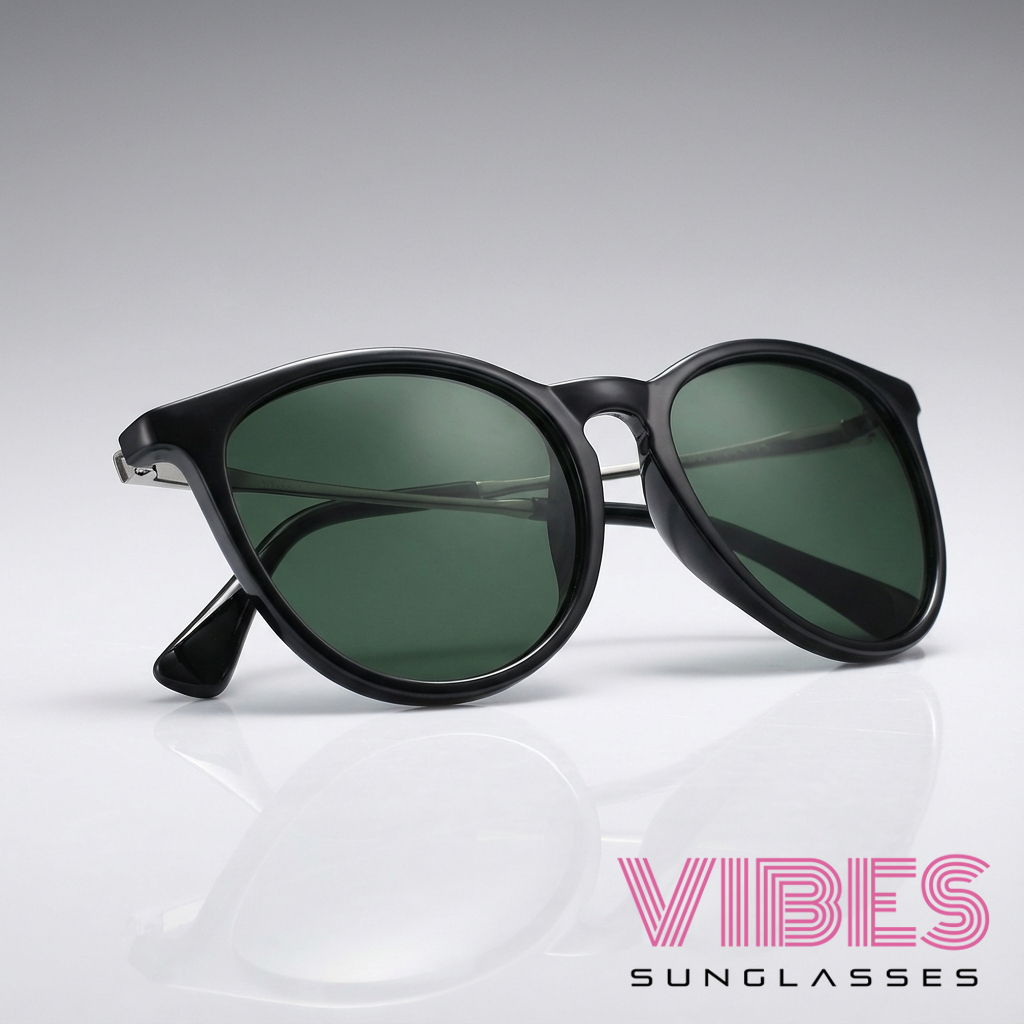 Stylish black-framed sunglasses with green lenses, perfect for trendy everyday wear.
