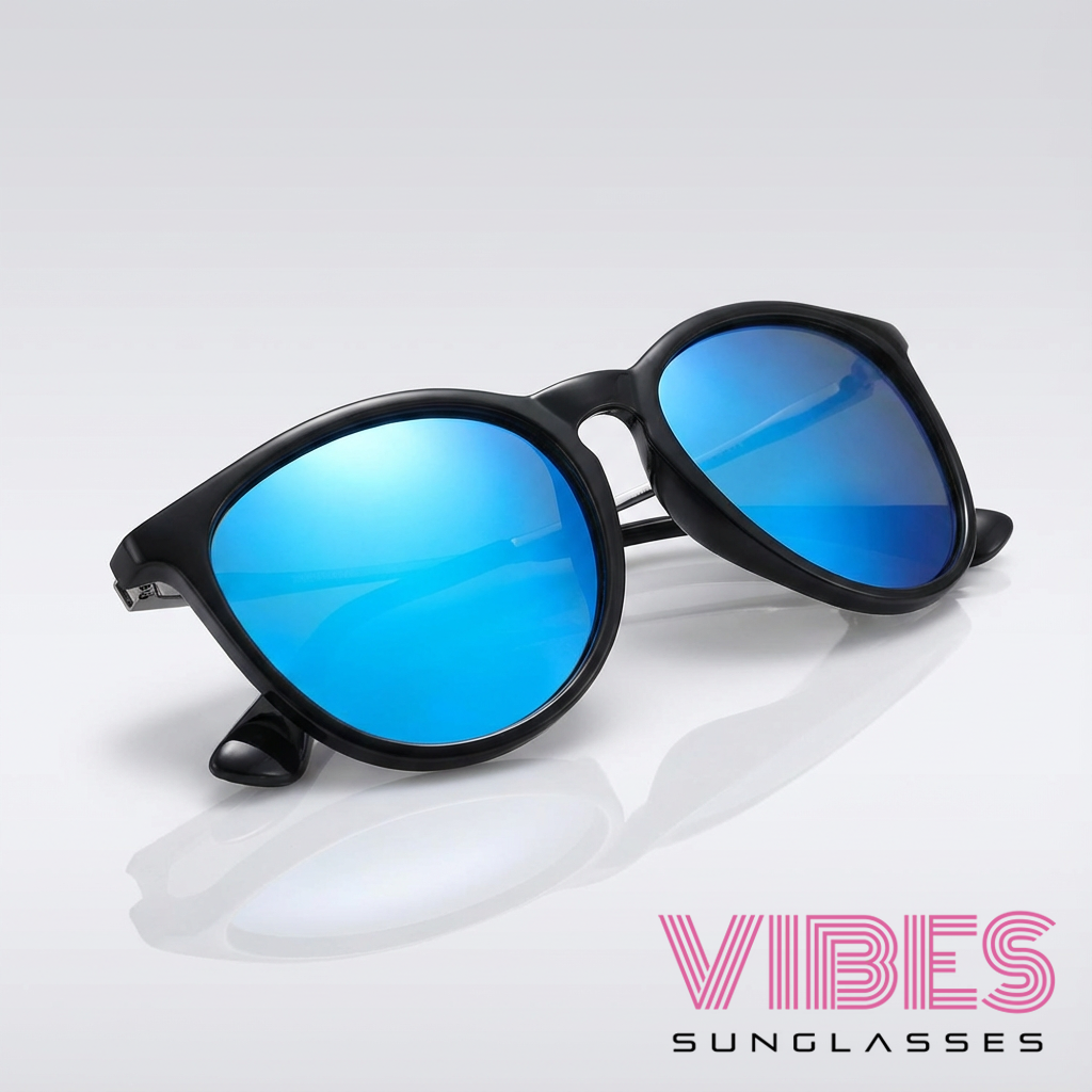 Stylish black sunglasses with blue mirrored lenses for trendy everyday wear