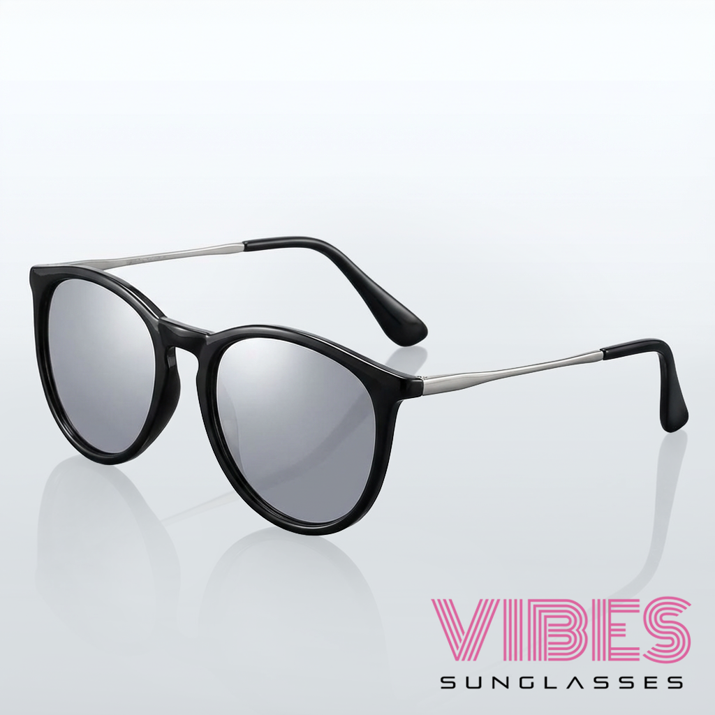 Stylish black-framed sunglasses with silver mirrored lenses for everyday fashion wear
