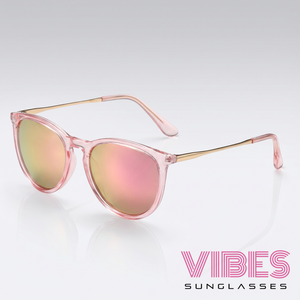 Pink mirrored sunglasses with gold accents, stylish frames for everyday wear