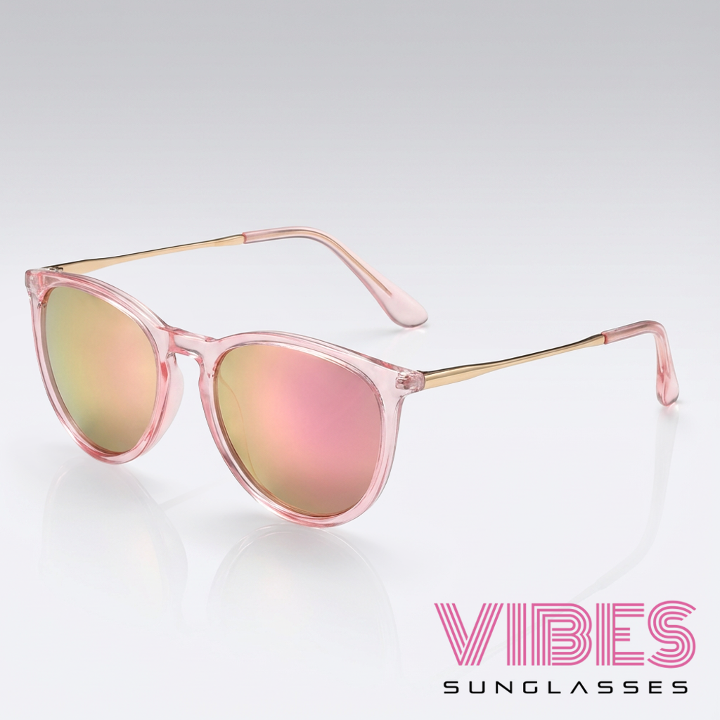 Pink mirrored sunglasses with gold accents, stylish frames for everyday wear