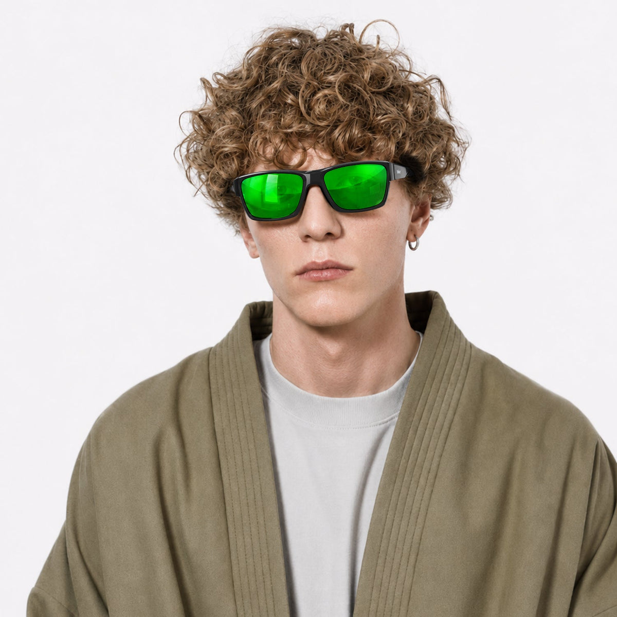 Specter slim wrap sunglasses in Green / Black, green lens on black frame, worn, front view