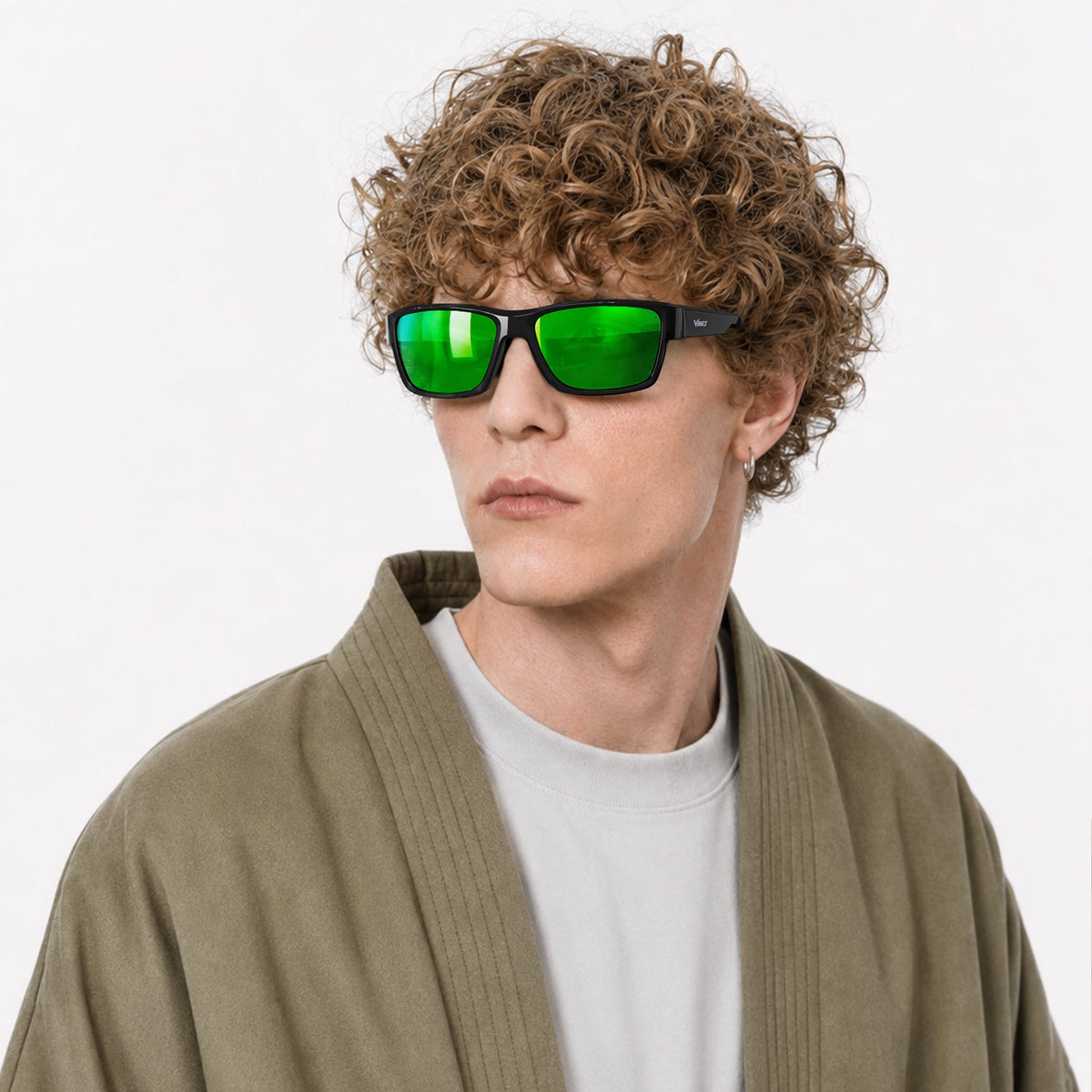 Specter slim wrap sunglasses in Green / Black, green lens on black frame, worn, side view