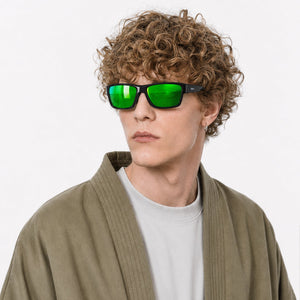 Specter slim wrap sunglasses in Green / Black, green lens on black frame, worn, side view