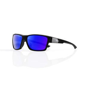 Specter slim wrap sunglasses in Purple / Black, purple lens on black frame, three-quarter view