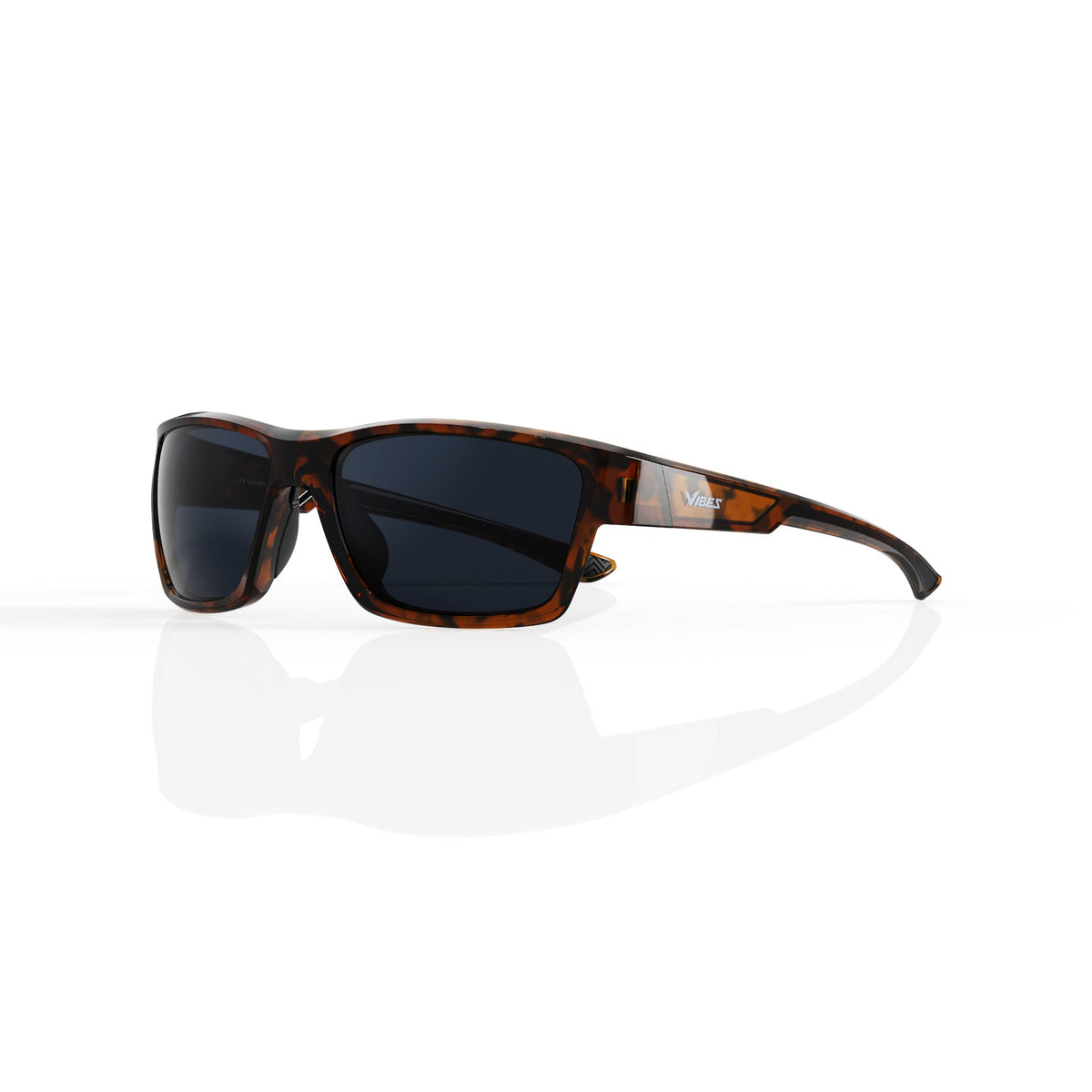 Specter slim wrap sunglasses in Black / Tortoise, black lens on tortoise frame, three-quarter view
