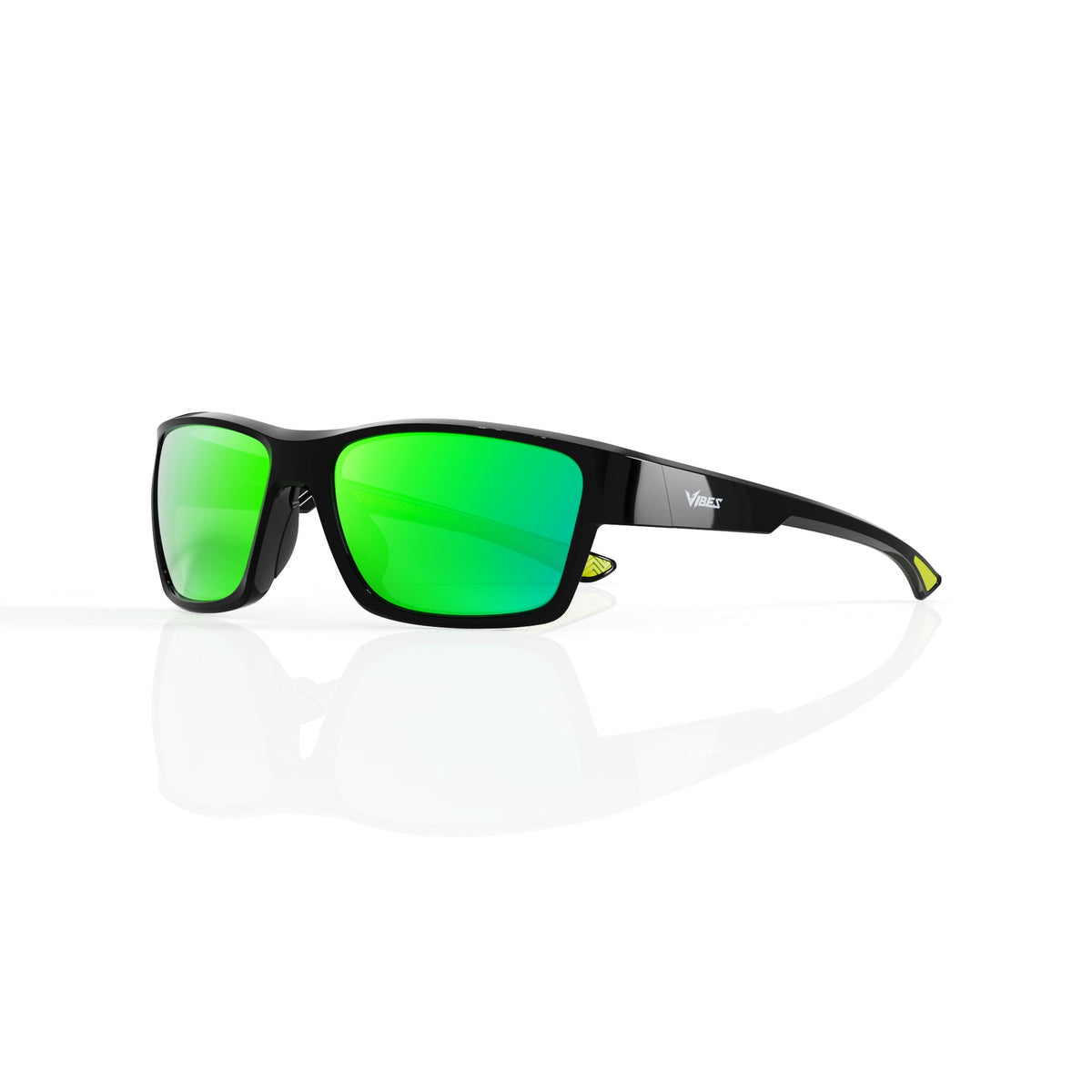 Specter slim wrap sunglasses in Green / Black, green lens on black frame, three-quarter view