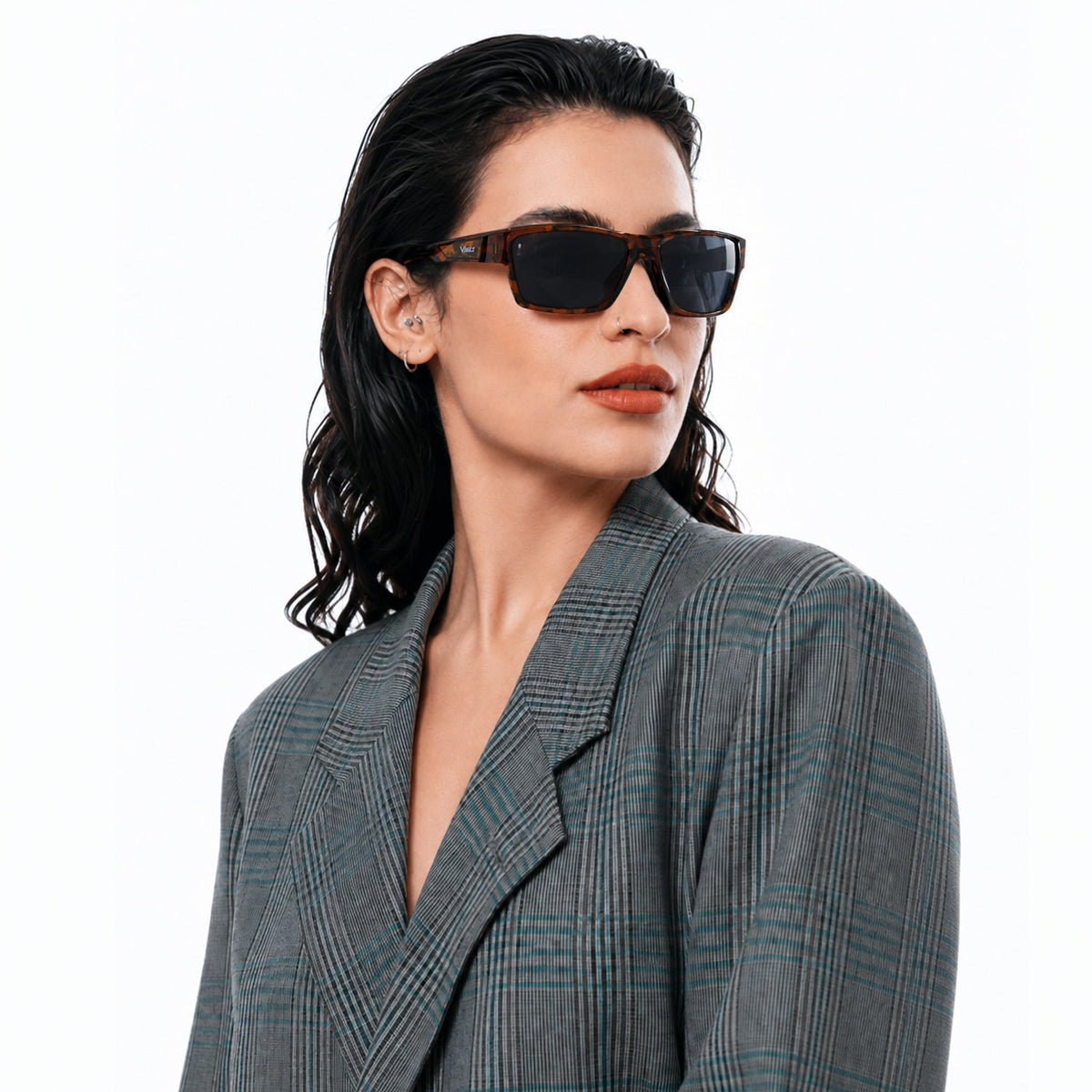Specter slim wrap sunglasses in Black / Tortoise, black lens on tortoise frame, worn, side view