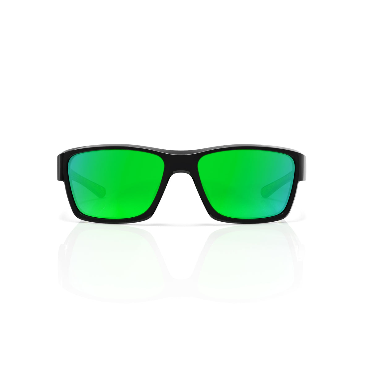 Specter slim wrap sunglasses in Green / Black, green lens on black frame, front view