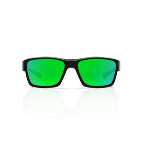 Specter slim wrap sunglasses in Green / Black, green lens on black frame, front view