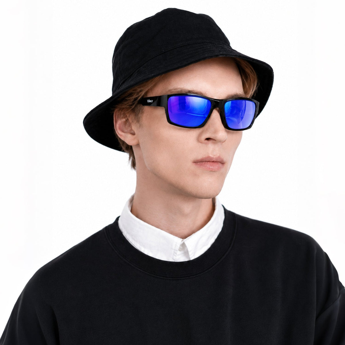 Specter slim wrap sunglasses in Purple / Black, purple lens on black frame, worn, side view