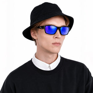 Specter slim wrap sunglasses in Purple / Black, purple lens on black frame, worn, side view