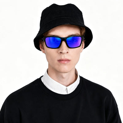 Specter slim wrap sunglasses in Purple / Black, purple lens on black frame, worn, front view