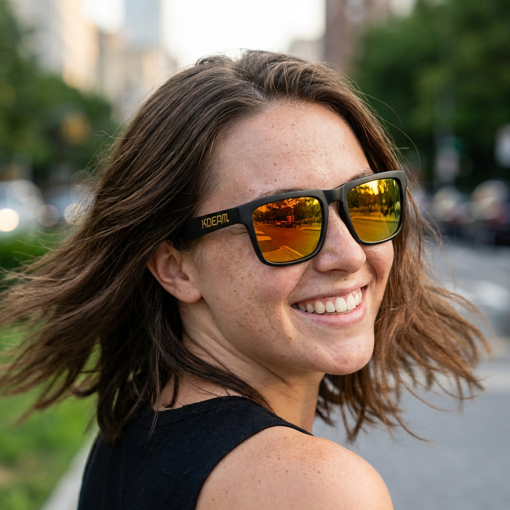 Woman wearing sunglasses with a blurred city street background