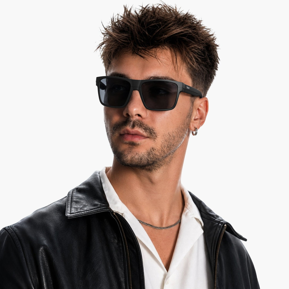 Theo bold wrap sunglasses in Black / Black, black lens on black frame, worn, side view