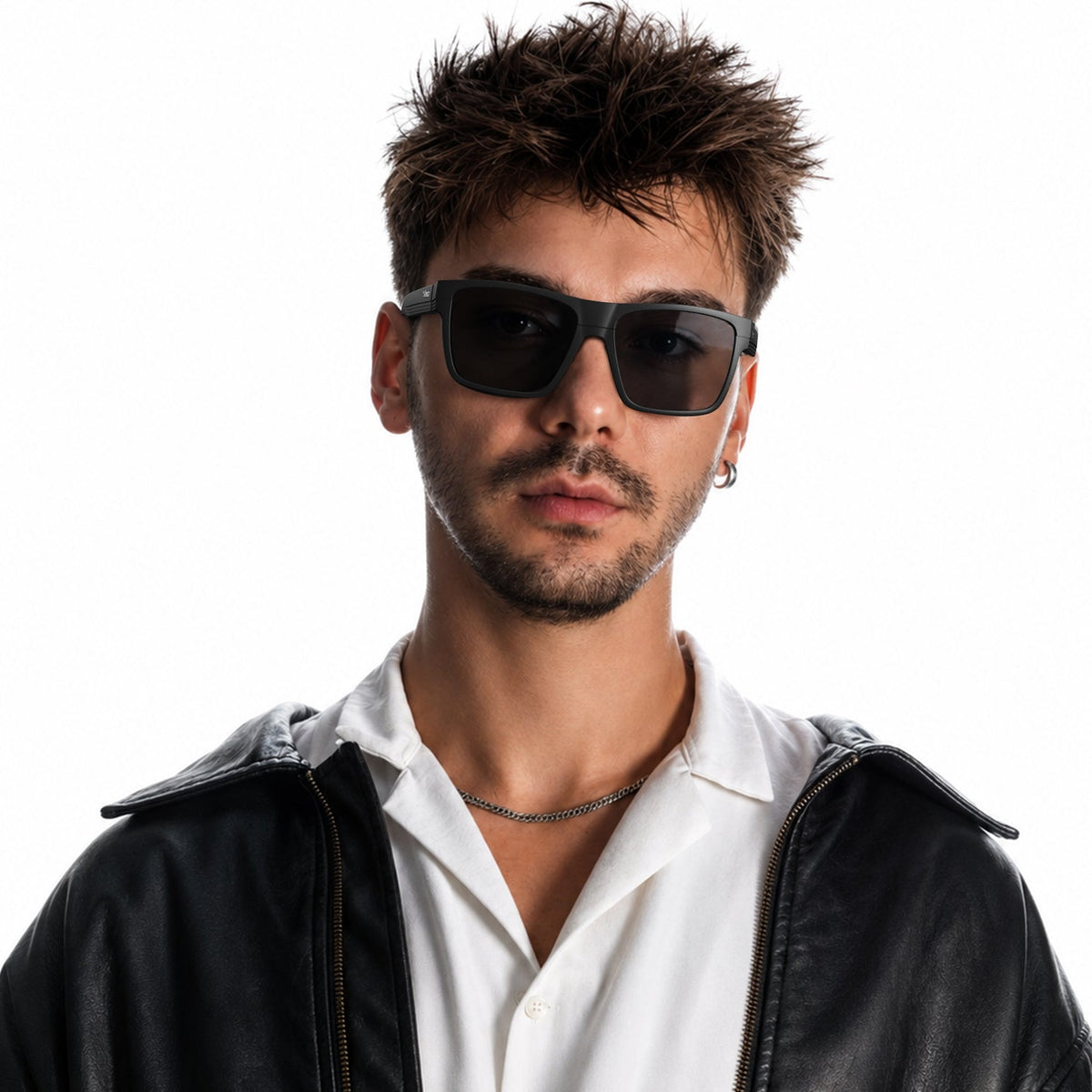 Theo bold wrap sunglasses in Black / Black, black lens on black frame, worn, front view