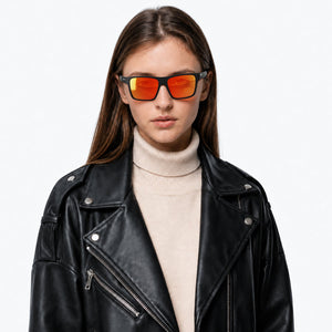 Theo bold wrap sunglasses in Orange / Black, orange lens on black frame, worn, front view