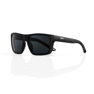 Theo bold wrap sunglasses in Black / Black, black lens on black frame, three-quarter view