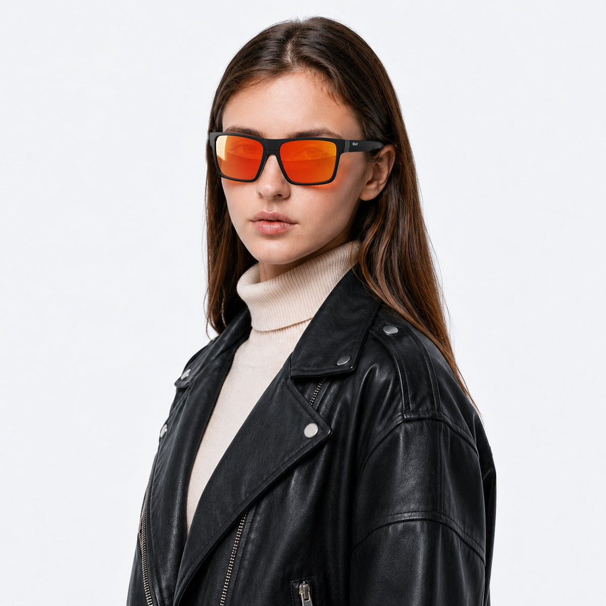Theo bold wrap sunglasses in Orange / Black, orange lens on black frame, worn, side view