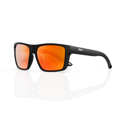 Theo bold wrap sunglasses in Orange / Black, orange lens on black frame, three-quarter view
