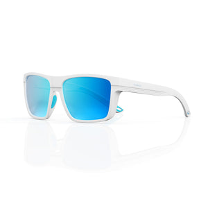 Theo bold wrap sunglasses in Blue / White, blue lens on white frame, three-quarter view