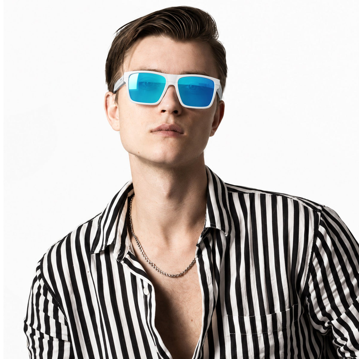 Theo bold wrap sunglasses in Blue / White, blue lens on white frame, worn, front view
