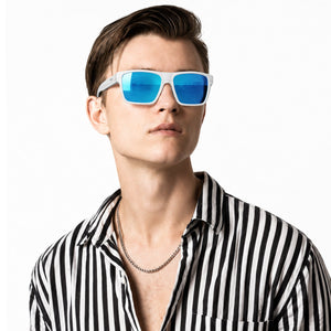 Theo bold wrap sunglasses in Blue / White, blue lens on white frame, worn, side view