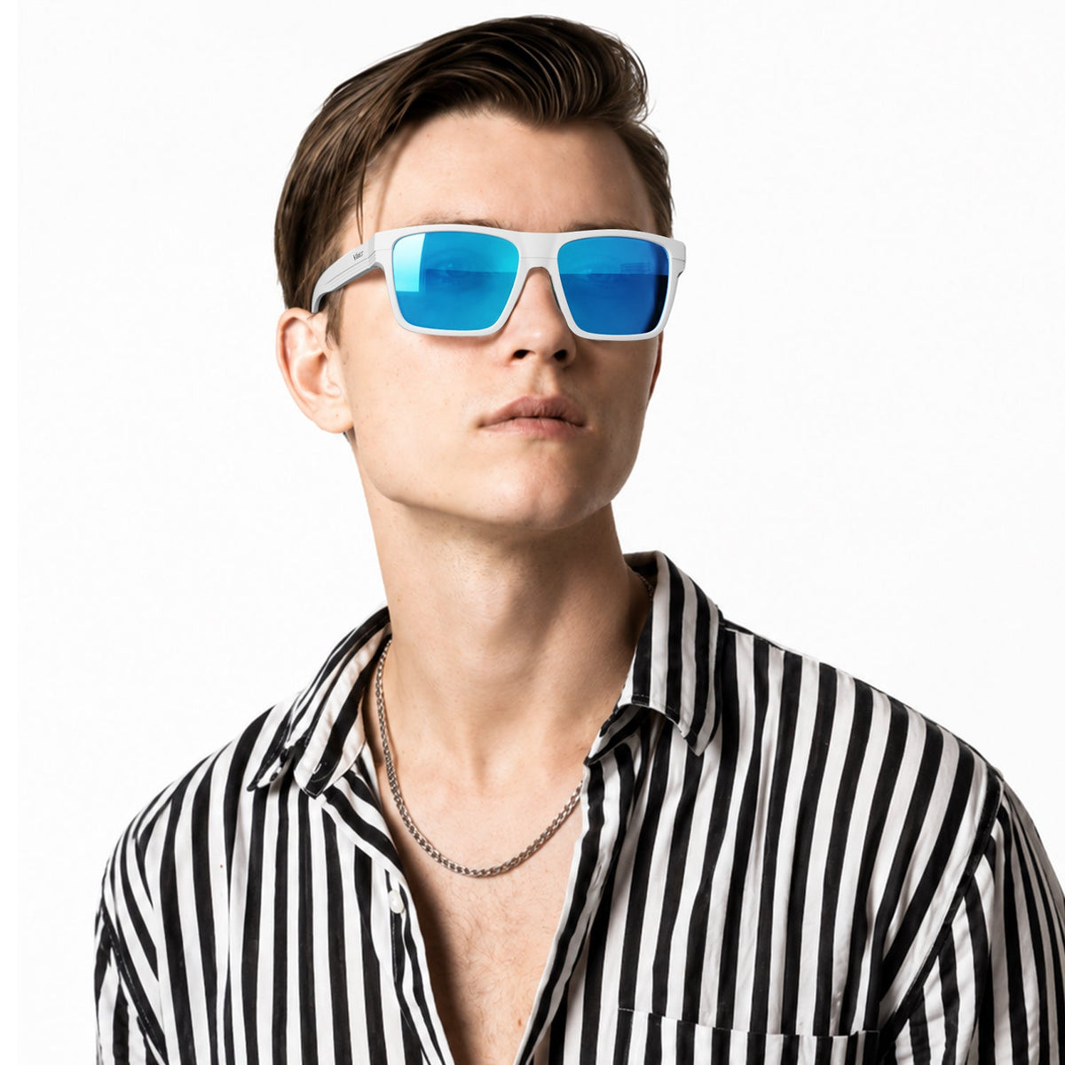 Theo bold wrap sunglasses in Blue / White, blue lens on white frame, worn, side view