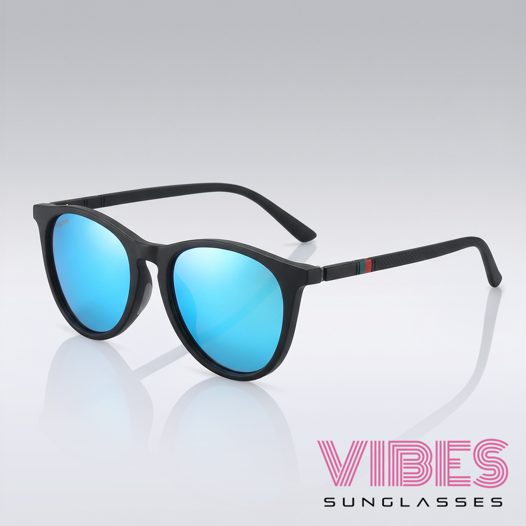 Stylish black sunglasses with blue mirrored lenses for trendy everyday wear