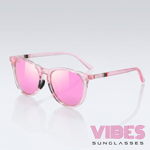 Pink mirrored sunglasses with clear frames and textured arms for trendy everyday wear