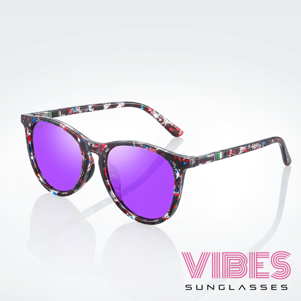 Purple mirrored lens sunglasses with colorful speckled frames for trendy everyday wear