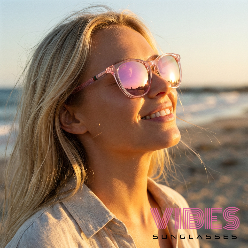 Stylish pink sunglasses with reflective lenses worn by woman at beach during sunset